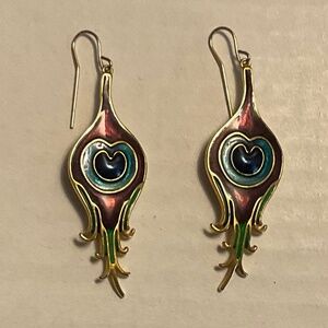 MMA Cloisonné Earrings Parisian Peacock Feather Heart Design 14kt Gold Filled